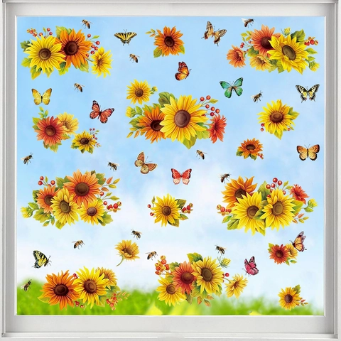 Bedruckt Sonnenblumen Schmetterling Biene Fensterfolie Statische PVC Aufkleber Glas Wohnzimmer Schlafzimmer Home Dekoration Floral Muster