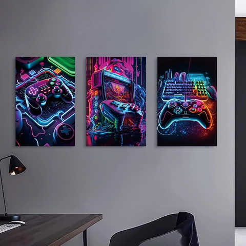 Cyberpunk Néon Gaming Toile Murale Triptyque Contrôleur Clavier Arcade Impression Décoration Salle de Jeux Sans Cadre