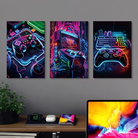 Cyberpunk Néon Gaming Toile Murale Triptyque Contrôleur Clavier Arcade Impression Décoration Salle de Jeux Sans Cadre