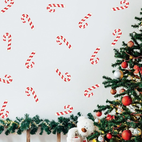 Christmas Candy Cane Wall Stickers PVC Self Adhesive Window Decals Red White Stripe Holiday Party Home Decor Wall Mural