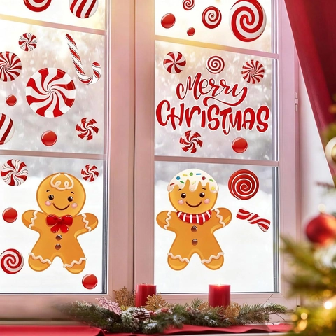 Χριστουγεννιάτικα Αυτοκόλλητα Παραθύρου Gingerbread Man Candy PVC Αυτοκόλλητα Γυαλιού Διακόσμηση για Γιορτή Σπίτι Παράθυρο