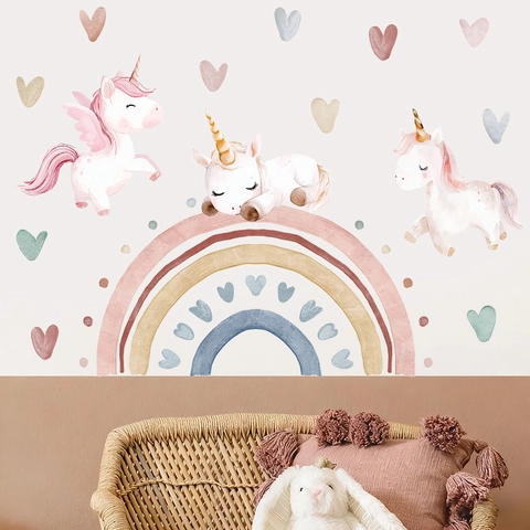 Pegatinas de Pared de Unicornio y Arco Iris de Acuarela de Dibujos Animados PVC Autoadhesivas Extraíbles Para Dormitorio Infantil