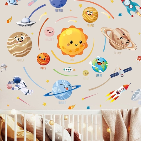 Cartoon Sonnensystem Weltraum Wandaufkleber Für Kinderzimmer Schlafzimmer PVC Wasserdicht Astronaut Planeten Raketen Sterne Pädagogisches Kinderzimmer Dekor