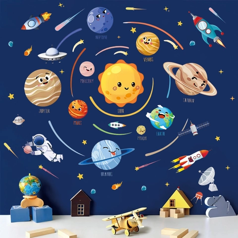 Cartoon Sonnensystem Weltraum Wandaufkleber Für Kinderzimmer Schlafzimmer PVC Wasserdicht Astronaut Planeten Raketen Sterne Pädagogisches Kinderzimmer Dekor
