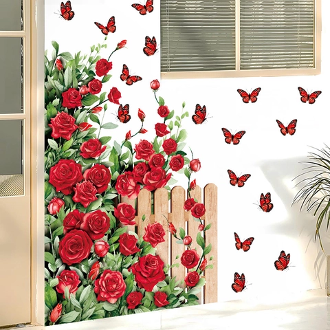 Valentine's Day Rose Vine Butterfly Wall Sticker PVC Removable Self Adhesive Floral Fence Wallpaper For Party Room Decor