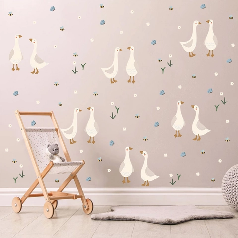 Bohemian Cartoon Goose Wall Stickers For Nursery Kids Room Self Adhesive PVC Animal Floral Butterfly Bee Wall Decals Home Decorative Art