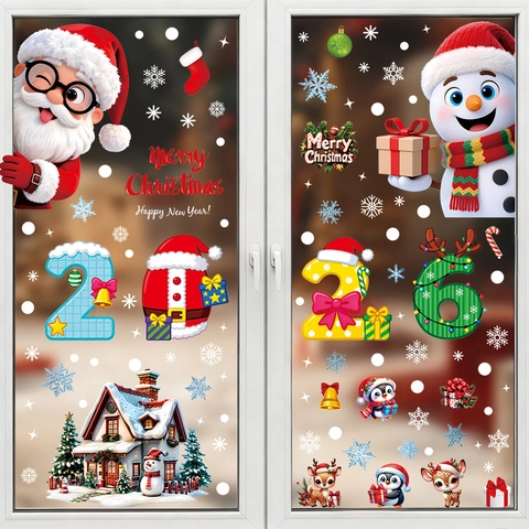 2026 Christmas Window Stickers Snowflakes Snowmen Static Cling DIY PVC Holiday Decals For Home New Year Party Shop Decor