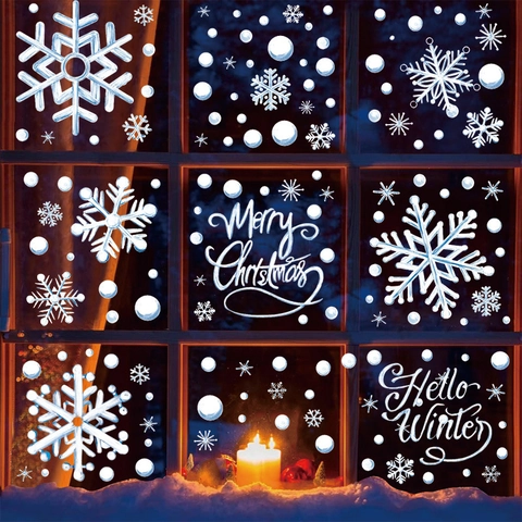 Pegatinas de Ventana de Feliz Navidad Atracción Estática Copos de Nieve Blancos Hello Winter PVC Vinilos DIY Hogar