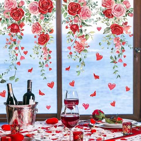 Valentine Day Red Rose Heart Wall Sticker Romantic Flower Window Decal For Home Wedding Holiday Party Decoration PVC Wall Art