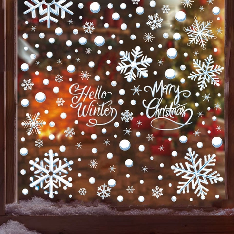 Pegatinas de Ventana de Feliz Navidad Atracción Estática Copos de Nieve Blancos Hello Winter PVC Vinilos DIY Hogar
