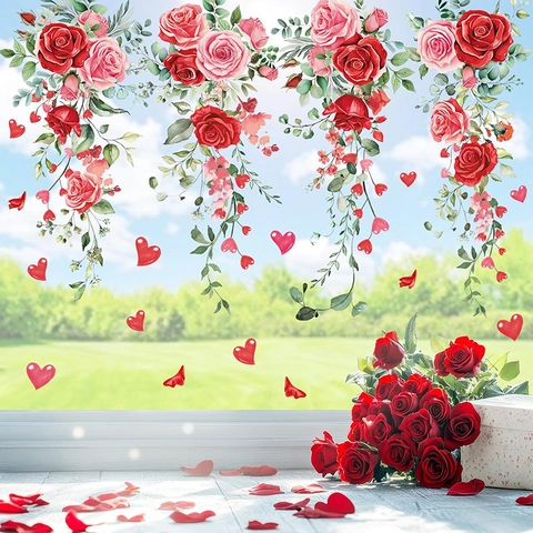 Valentine Day Red Rose Heart Wall Sticker Romantic Flower Window Decal For Home Wedding Holiday Party Decoration PVC Wall Art