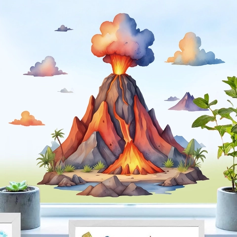 Vinilos Decorativos de Volcán y Nubes de Acuarela Bohemio PVC Autoadhesivo Mural de Arte para Habitación Infantil Guardería