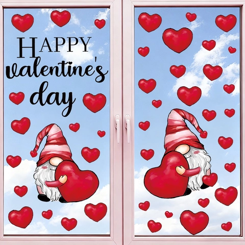 Valentinstag Fensterbilder Wichtel Rote Herzen Aufkleber Cartoon Statische Haftung Glas Wand Für Zuhause Party Deko