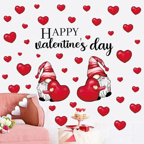 Valentinstag Fensterbilder Wichtel Rote Herzen Aufkleber Cartoon Statische Haftung Glas Wand Für Zuhause Party Deko