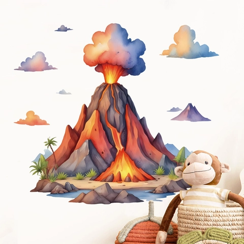 Vinilos Decorativos de Volcán y Nubes de Acuarela Bohemio PVC Autoadhesivo Mural de Arte para Habitación Infantil Guardería