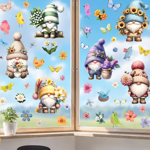 Pegatinas de Ventana de Primavera Gnomo 6 Hojas PVC Estático Flores Mariposa Pájaro Calcomanías Para Decoración de Ventanas de Vidrio