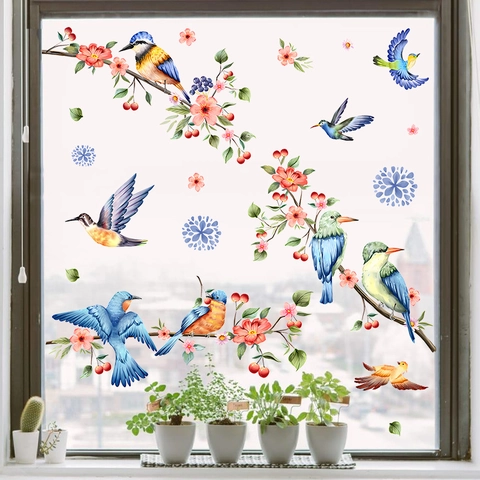 Pegatinas de Ventana de Aves de Acuarela de Primavera PVC Colibrí Flor Rama de Árbol Pegatinas de Pared para Vidrio Decoración