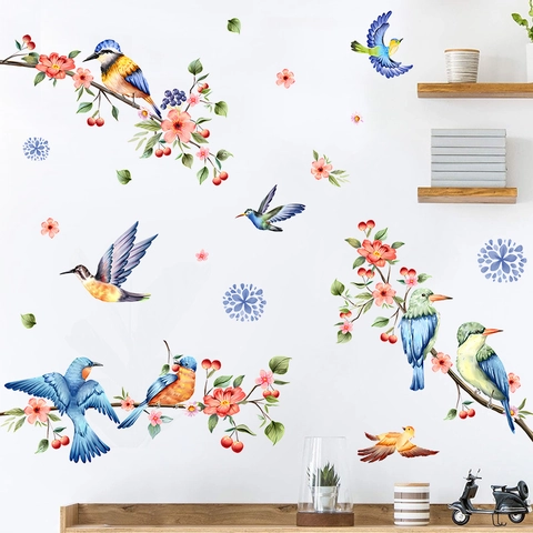 Pegatinas de Ventana de Aves de Acuarela de Primavera PVC Colibrí Flor Rama de Árbol Pegatinas de Pared para Vidrio Decoración