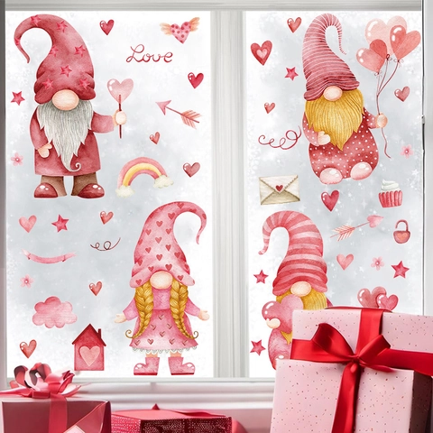 Valentine's Day Gnome Window Stickers PVC Watercolor Heart Love Gnome Wall Decals For Anniversary Wedding Home Decoration