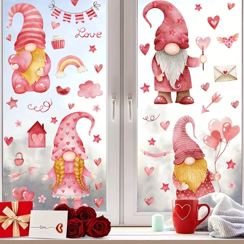 Valentine's Day Gnome Window Stickers PVC Watercolor Heart Love Gnome Wall Decals For Anniversary Wedding Home Decoration