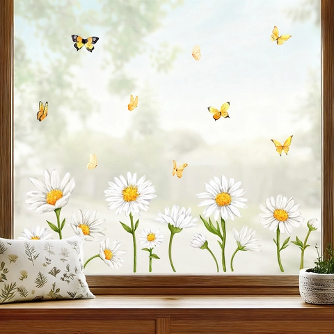 Frühling Weiße Gänseblümchen Blume Gelbe Schmetterling Fenster Statische Aufkleber PVC Wasserdichte Wandtattoo Home Deko