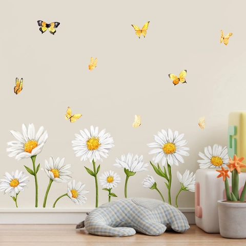 Frühling Weiße Gänseblümchen Blume Gelbe Schmetterling Fenster Statische Aufkleber PVC Wasserdichte Wandtattoo Home Deko