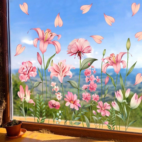 Frühling Blumen Fensteraufkleber Rosa Lilie Rose Botanisch Statisch PVC Dekorative Aufkleber Für Glas Wohnzimmer Schlafzimmer