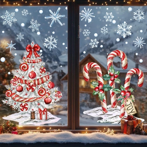 Kerst Vensterstickers Statische PVC Stickers Witte Kerstboom Zuurstok Sneeuwvlok Vakantie Decoratie Voor Glazen Deur Winkel