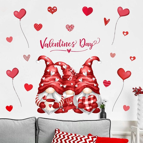 Pegatinas de Pared de Gnomo de San Valentino Corazón Rojo Letra LOVE Calcomanías de Ventana PVC Decoración de Fiesta