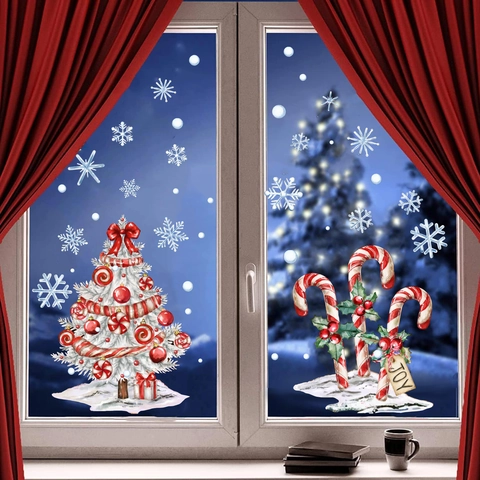 Kerst Vensterstickers Statische PVC Stickers Witte Kerstboom Zuurstok Sneeuwvlok Vakantie Decoratie Voor Glazen Deur Winkel