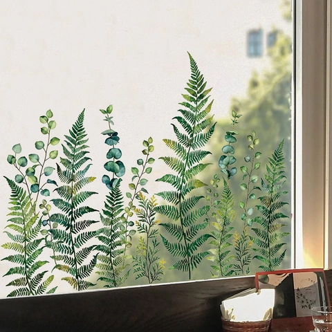 Aquarell Grüne Pflanzen Fensteraufkleber PVC Statische Haftung Farn Eukalyptus Blatt Glas Fenster Deko