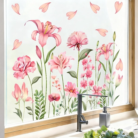 Frühling Blumen Fensteraufkleber Rosa Lilie Rose Botanisch Statisch PVC Dekorative Aufkleber Für Glas Wohnzimmer Schlafzimmer