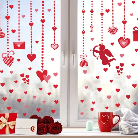 Valentine Day Wall Stickers PVC Romantic Cupid Heart Pattern Decals For Wedding Proposal Party Home Decor Window Clings