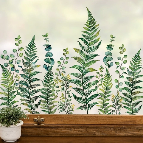 Aquarell Grüne Pflanzen Fensteraufkleber PVC Statische Haftung Farn Eukalyptus Blatt Glas Fenster Deko