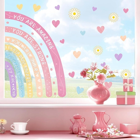 Bohemian Rainbow Inspirational Wall Stickers PVC Self-Adhesive Heart Daisy Window Decals Kids Girls Bedroom Home Decor