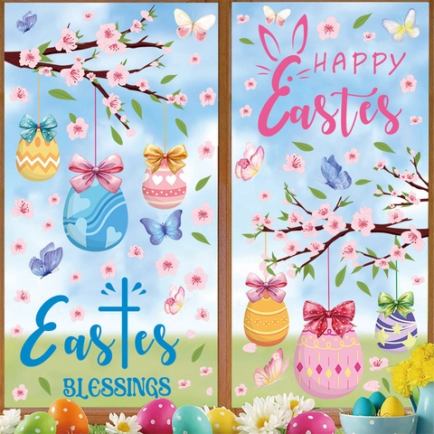 Adhesivos de Ventana de Pascua PVC Pegatinas de Pared Flores Cerezo Huevos Mariposa Para Habitación Infantil Decoración