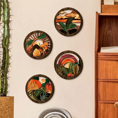 Decorazione da Parete Tonda in Legno Traforato Stile Boho Foglia di Monstera Tropicale Sole Montagna Pendente per Soggiorno