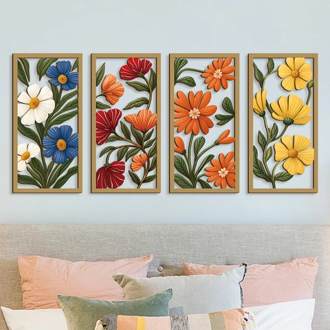 Bohemian Wooden Floral Wall Decor Panels Hollow Relief Poplar Wood Hanging Art For Living Room Bedroom Office Entrance