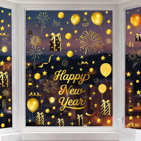 Pegatinas de Ventana Feliz Año Nuevo PVC Estático Oro Negro Fuegos Artificiales Champaña Calcomanías de Vidrio Decoración