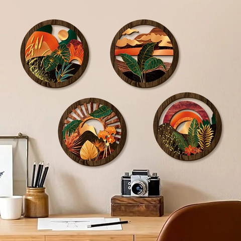 Decorazione da Parete Tonda in Legno Traforato Stile Boho Foglia di Monstera Tropicale Sole Montagna Pendente per Soggiorno