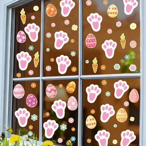 Easter Bunny Footprints Window Clings Colorful Easter Egg Carrot Flower Wall Stickers For Kids Room Home Decor Cartoon Festive Decals