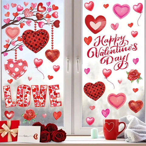 San Valentino Adesivi Murali Cuore Rosa PVC Removibili Love Lettere Vetrofanie Romantiche Decorazione Vetro per Soggiorno