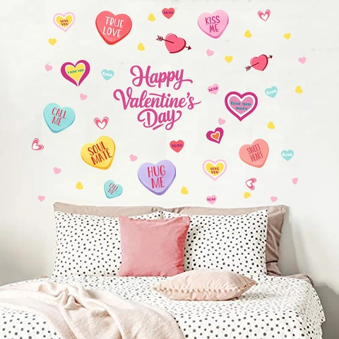 Stickers Muraux Cœur Saint Valentin Lettre d'Amour Romantique PVC Autocollant Décalcomanies de Fenêtre pour Chambre à Coucher