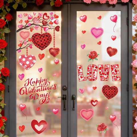 San Valentino Adesivi Murali Cuore Rosa PVC Removibili Love Lettere Vetrofanie Romantiche Decorazione Vetro per Soggiorno