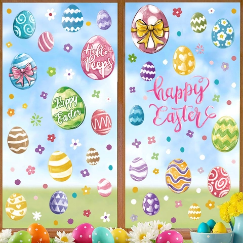 Easter Egg Window Stickers PVC Self Adhesive Wall Decals For Kids Room Glass Decorations Happy Easter Pattern Holiday Ornament Set