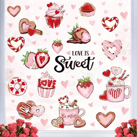 Pegatina de Ventana de Corazón y Postre de San Valentín PVC Romántico Cupcake Donut Calcomanía para Pared de Vidrio Boda Hogar