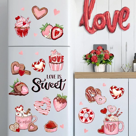 Pegatina de Ventana de Corazón y Postre de San Valentín PVC Romántico Cupcake Donut Calcomanía para Pared de Vidrio Boda Hogar