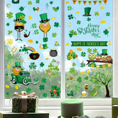 St. Patrick's Day Wall Stickers PVC Shamrock Gnome Window Decals Lucky Green Clover Decorations For Home Office Party Supplies