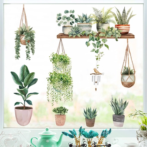 Adesivi Murali Piante in Vaso Verdi Acquerello PVC Autoadesivo Stile Nordico Decalcomanie Botaniche per Decorazioni Murali Soggiorno