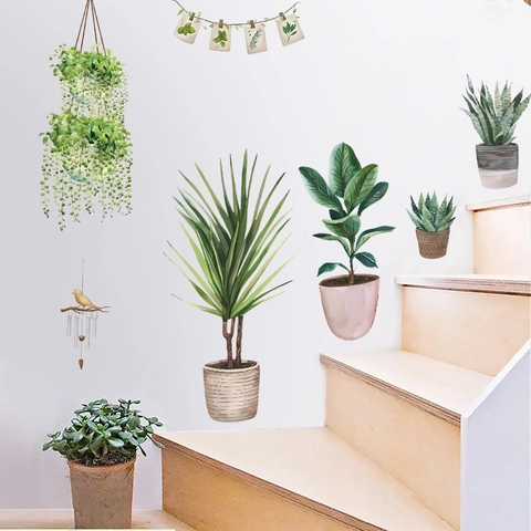 Adesivi Murali Piante in Vaso Verdi Acquerello PVC Autoadesivo Stile Nordico Decalcomanie Botaniche per Decorazioni Murali Soggiorno
